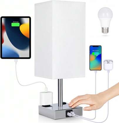 Touch-Control Bedside Lamp with USB-C, USB-A & Outlets