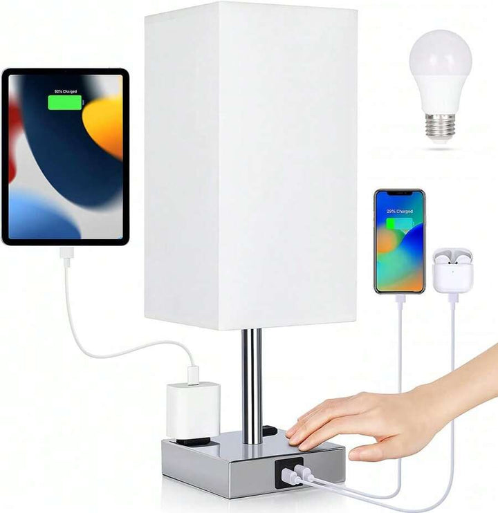 Touch-Control Bedside Lamp with USB-C, USB-A & Outlets