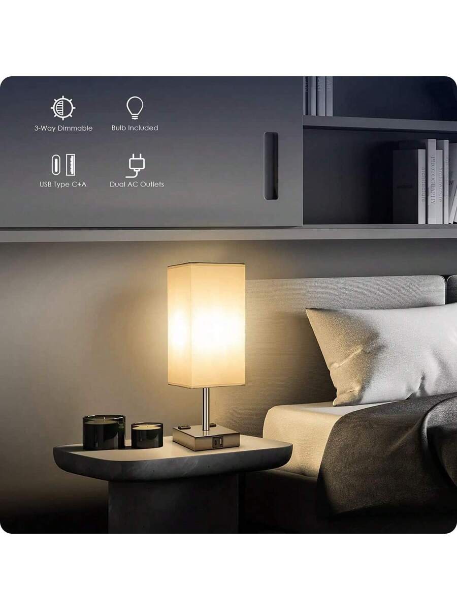 Touch-Control Bedside Lamp with USB-C, USB-A & Outlets