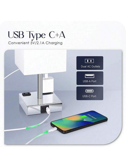 Touch-Control Bedside Lamp with USB-C, USB-A & Outlets