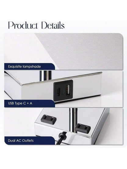 Touch-Control Bedside Lamp with USB-C, USB-A & Outlets