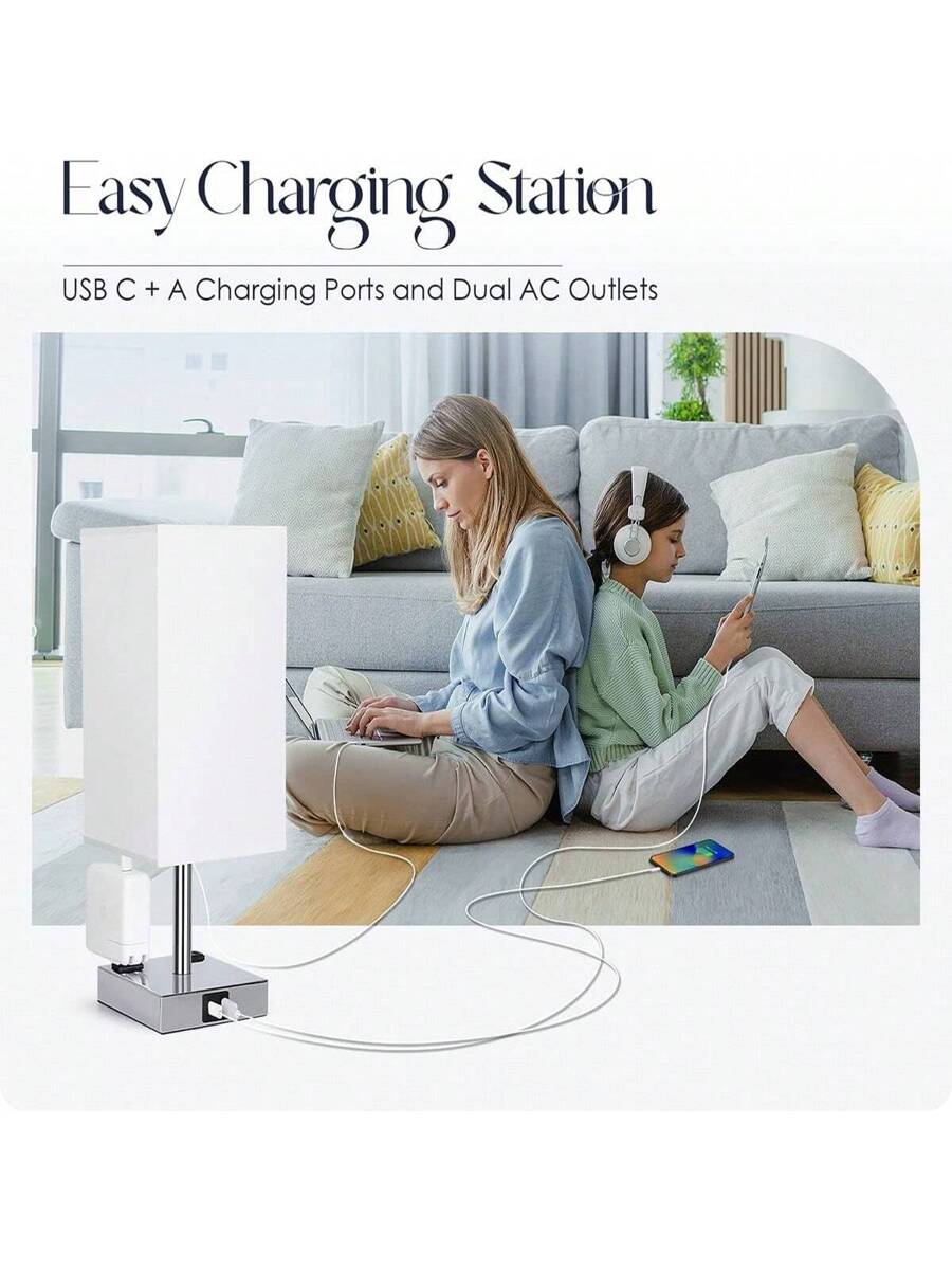 Touch-Control Bedside Lamp with USB-C, USB-A & Outlets