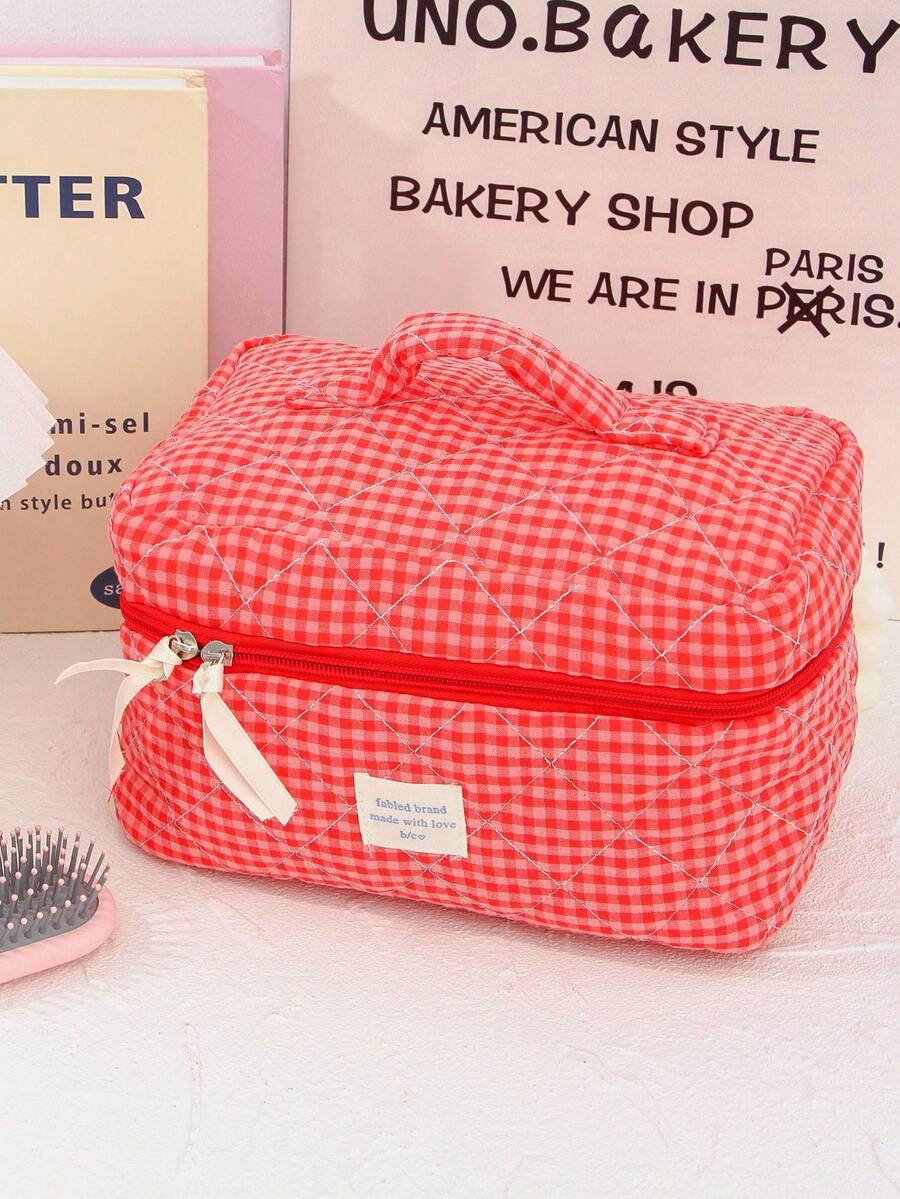Large Capacity Home Items Organizer Bag With Zipper Portable Handheld Travel Toiletry Bag Classic Grid Print Cosmetics Storage Bag Soft Fabric Handbag