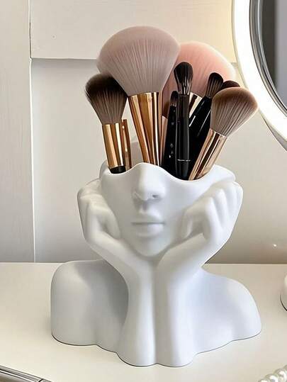 1pc White Human Art Storage Bucket, Multi-Use Holder For Makeup Brushes & Stationery, Lightweight For Vanity, Bath & Office, No Assembly Required