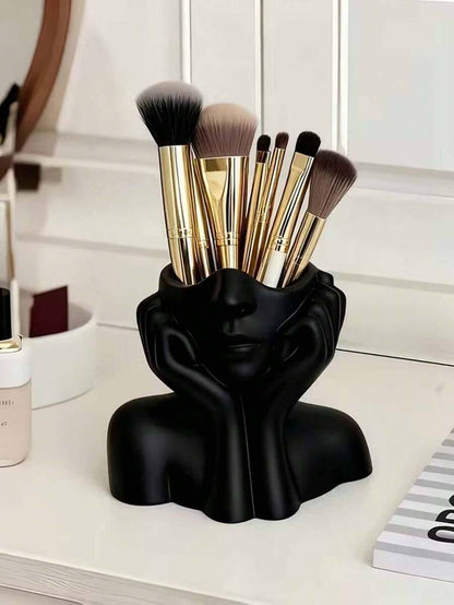 1pc White Human Art Storage Bucket, Multi-Use Holder For Makeup Brushes & Stationery, Lightweight For Vanity, Bath & Office, No Assembly Required