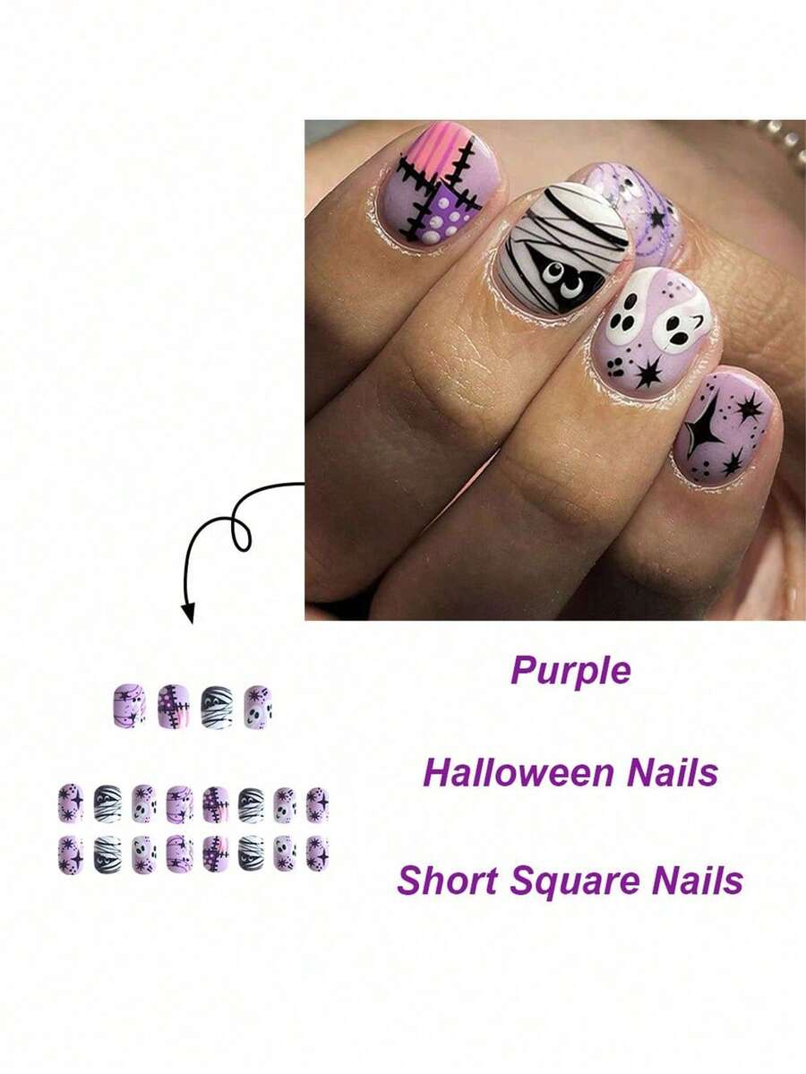 24pcs Short European Square Fake Nails, Halloween Patch Mummy Ghost Wearable Nail Art, Full Coverage Removable Women's Nail Set, Suitable For Parties, Balls And Daily Wear