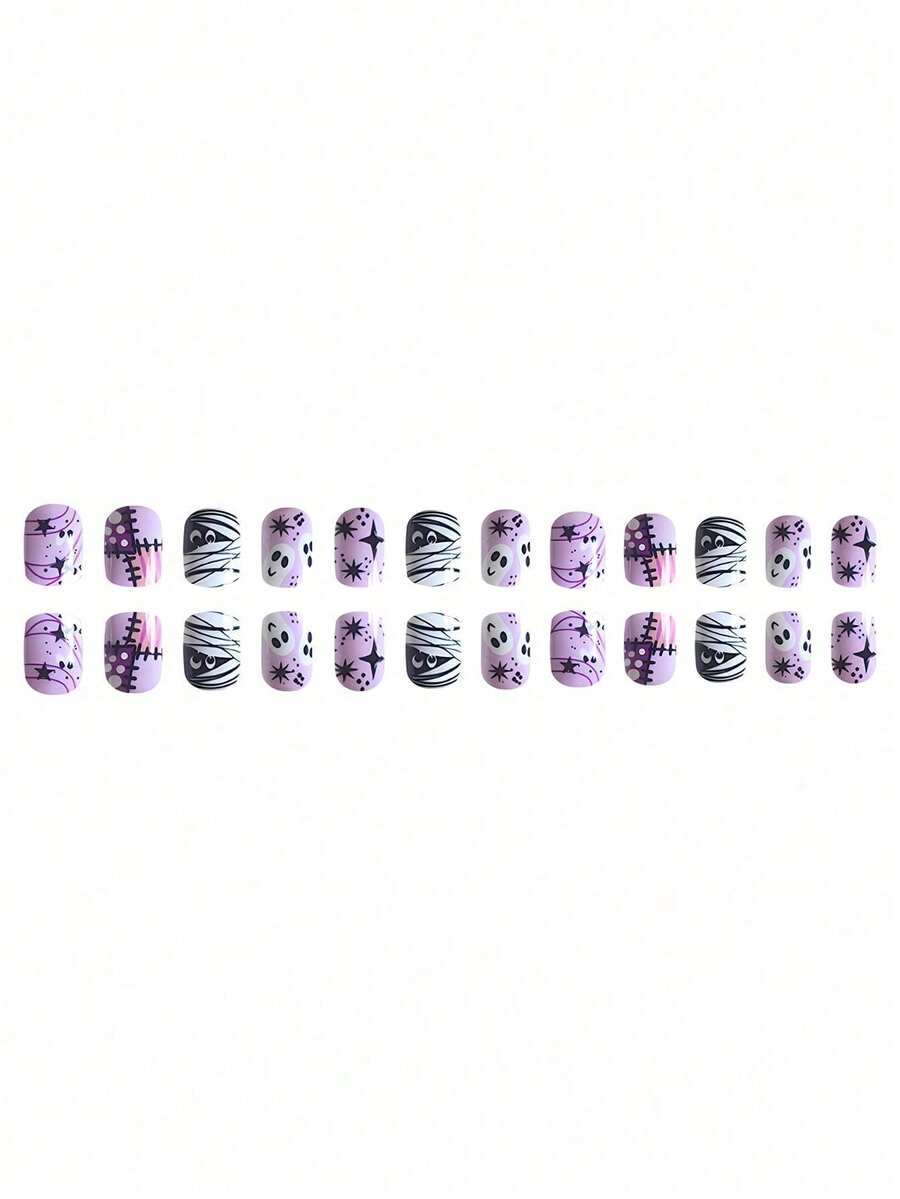 24pcs Short European Square Fake Nails, Halloween Patch Mummy Ghost Wearable Nail Art, Full Coverage Removable Women's Nail Set, Suitable For Parties, Balls And Daily Wear