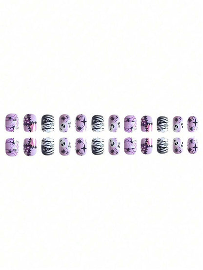 24pcs Short European Square Fake Nails, Halloween Patch Mummy Ghost Wearable Nail Art, Full Coverage Removable Women's Nail Set, Suitable For Parties, Balls And Daily Wear