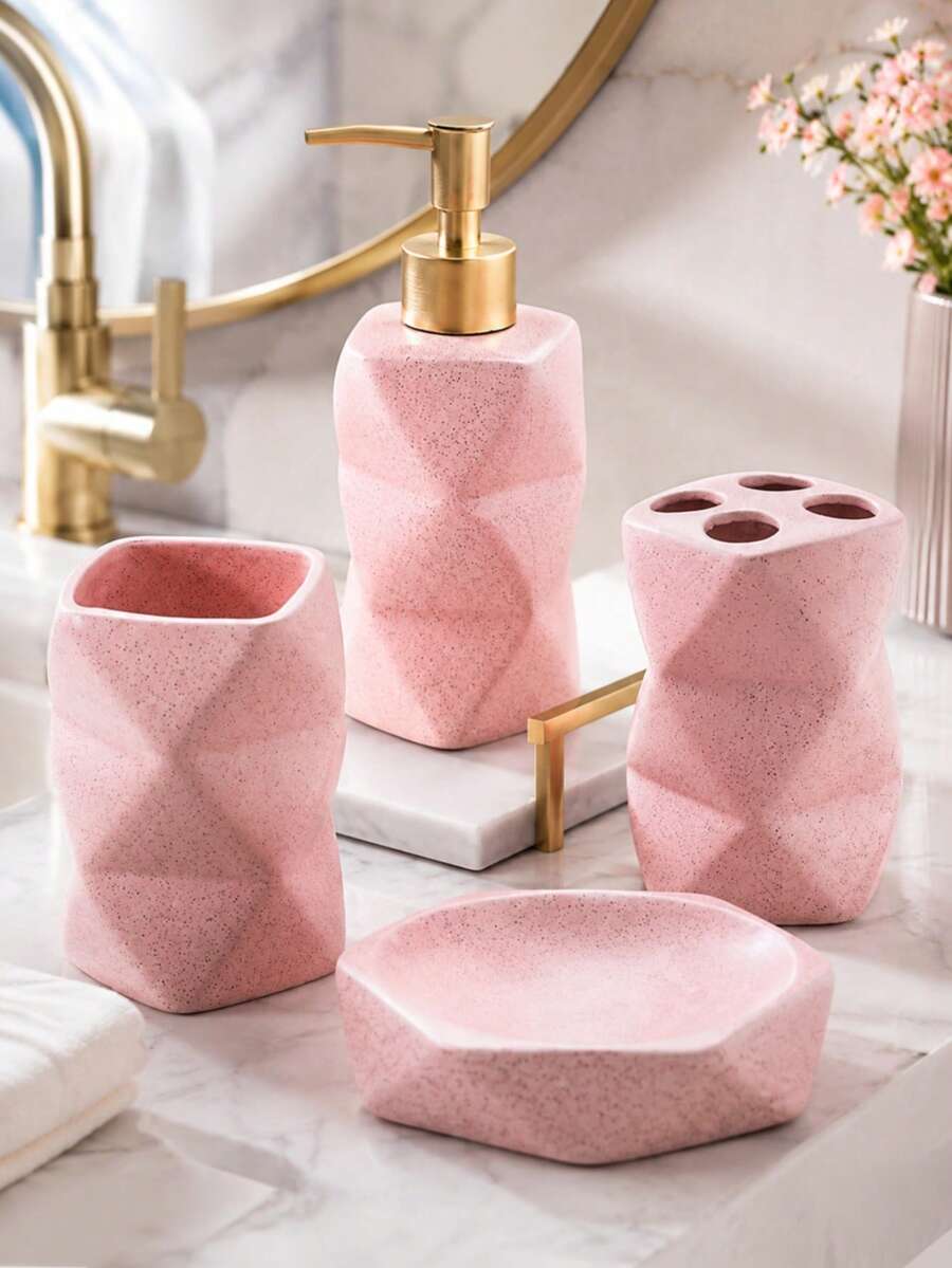 Pink 4-Piece Bathroom Countertop Accessory Set