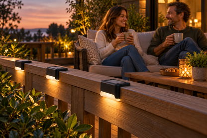 Styled lifestyle illustration of a couple on a solar-lit garden deck