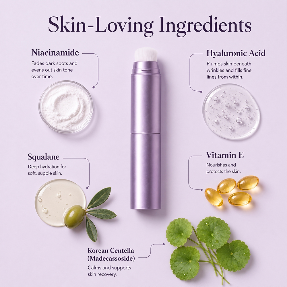 Foundation formula ingredient spotlight including niacinamide hyaluronic acid squalane vitamin E and centella